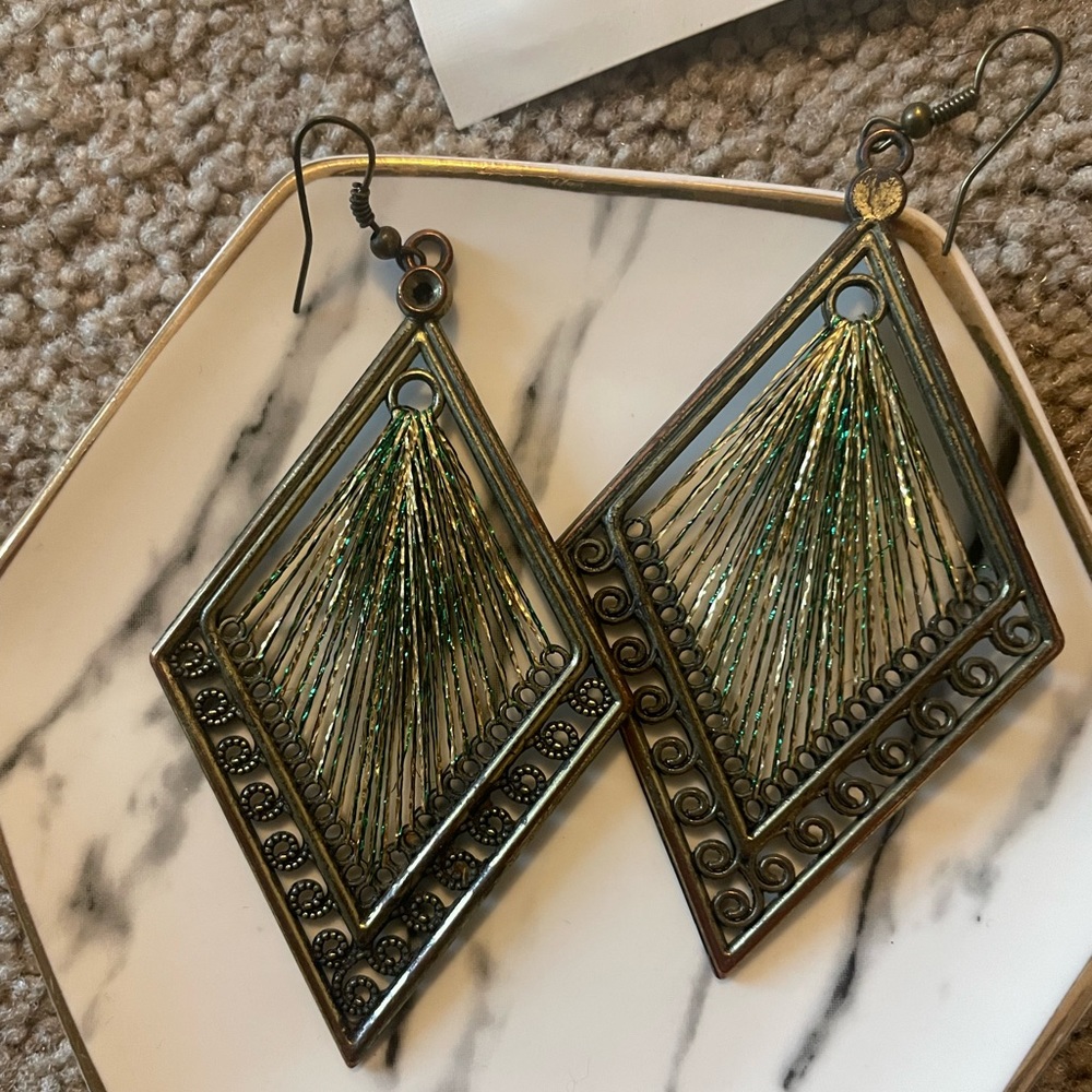 Brassy Gold Triangle Earrings with Colored Threads